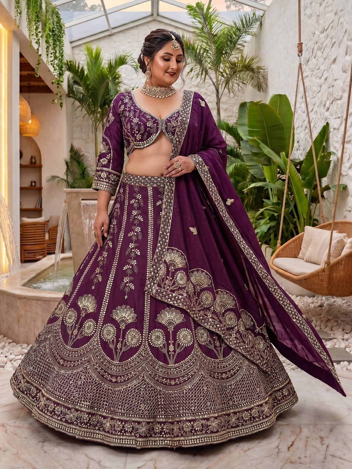 Chinon Silk Plus Size Lehenga Choli with Zari Sequins Embroidery