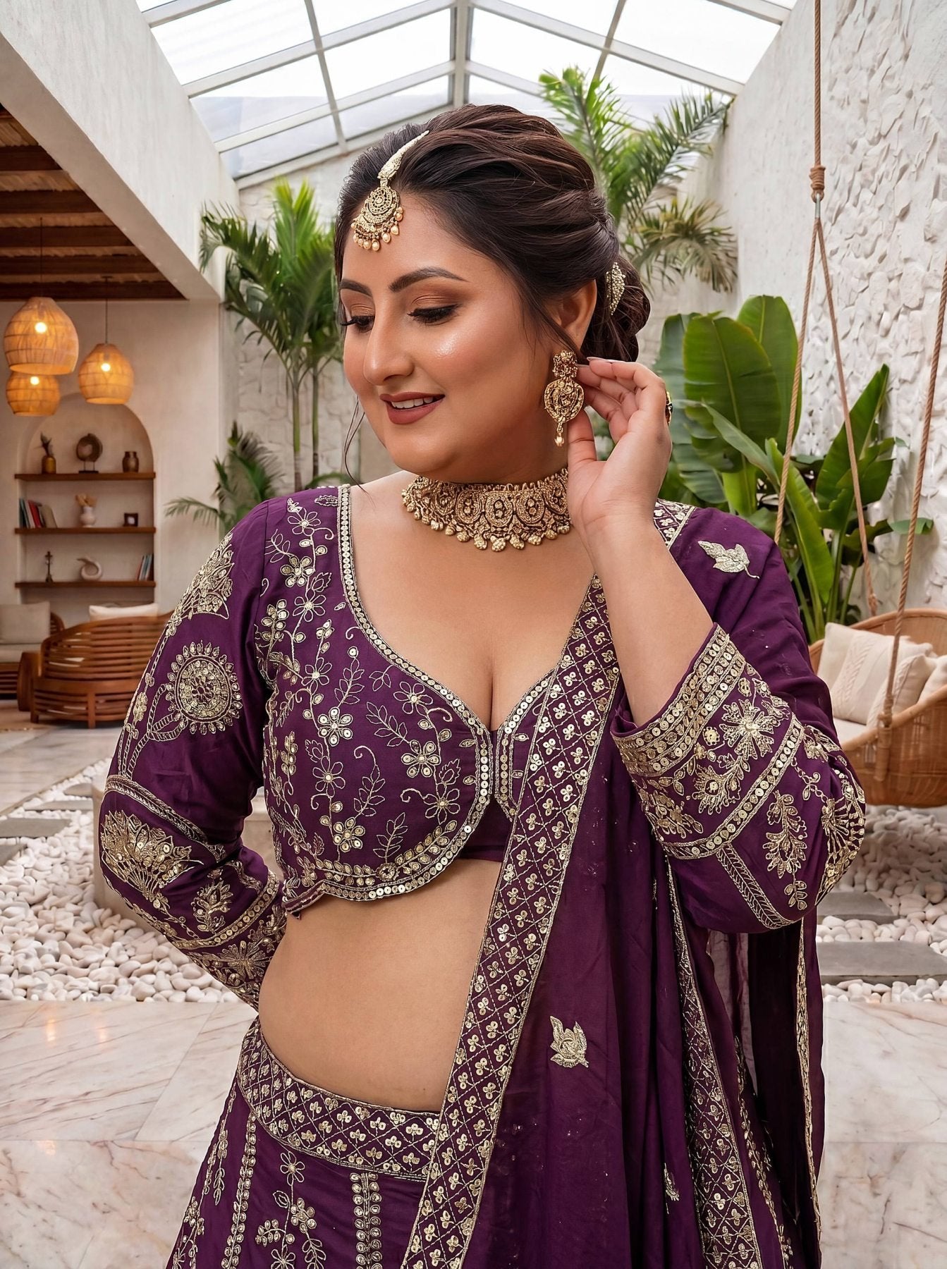 Chinon Silk Plus Size Lehenga Choli with Zari Sequins Embroidery