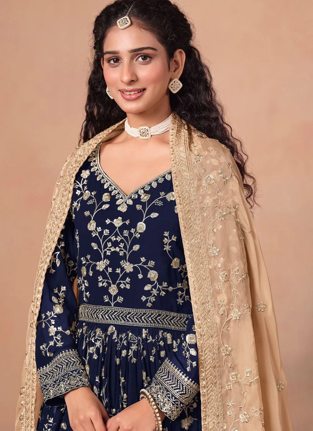 Elegant navy blue faux georgette embroidered floor length anarkali suit with organza dupatta