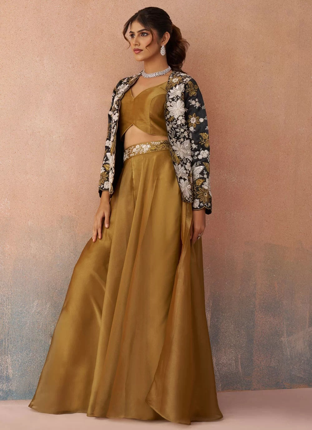 Black tissue indo western co ord set with floral embroidered raw silk jacket