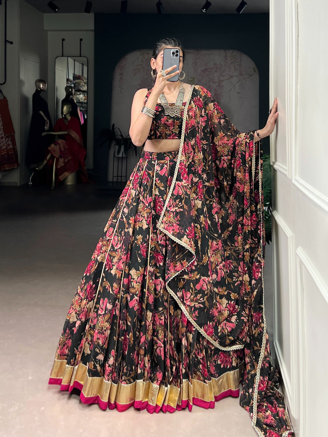 Floral Foil Print Chiffon Lehenga
