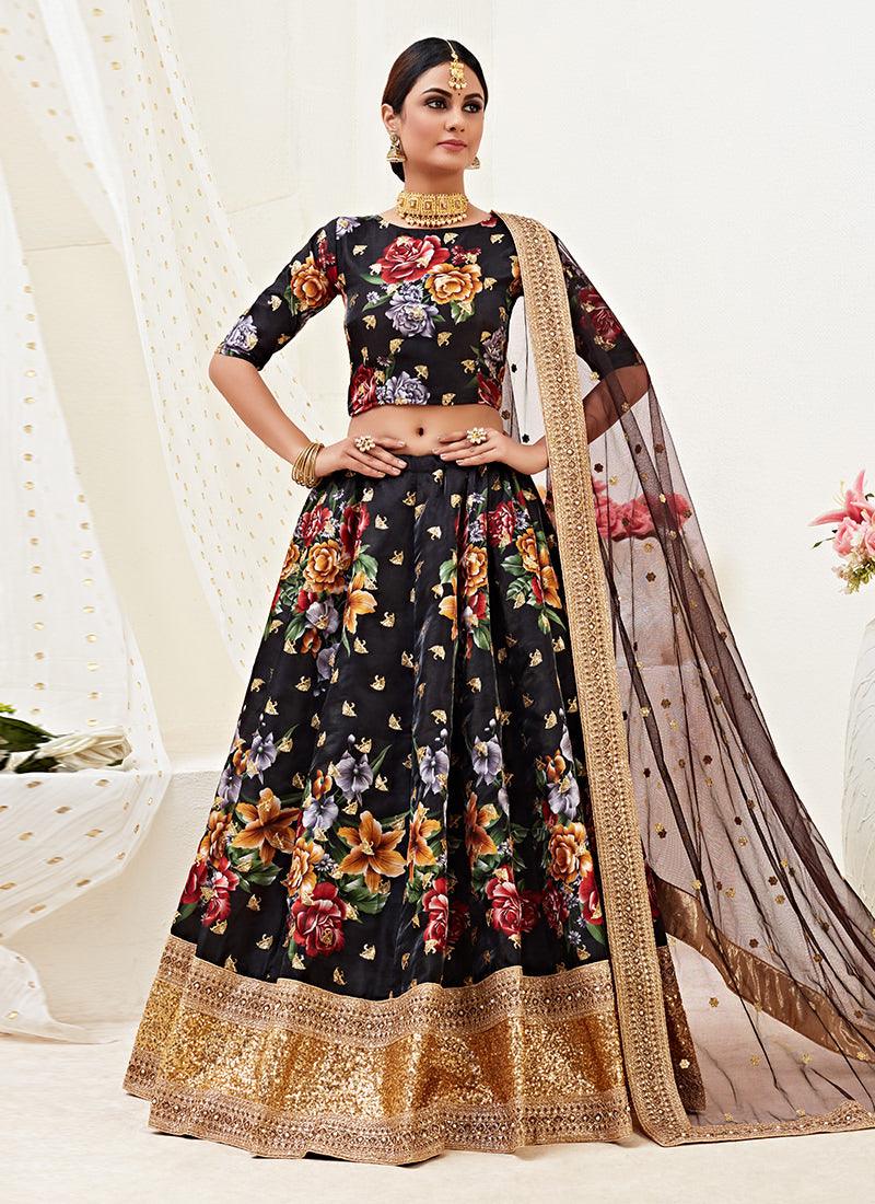 Floral Print Black Satin Lehenga Choli