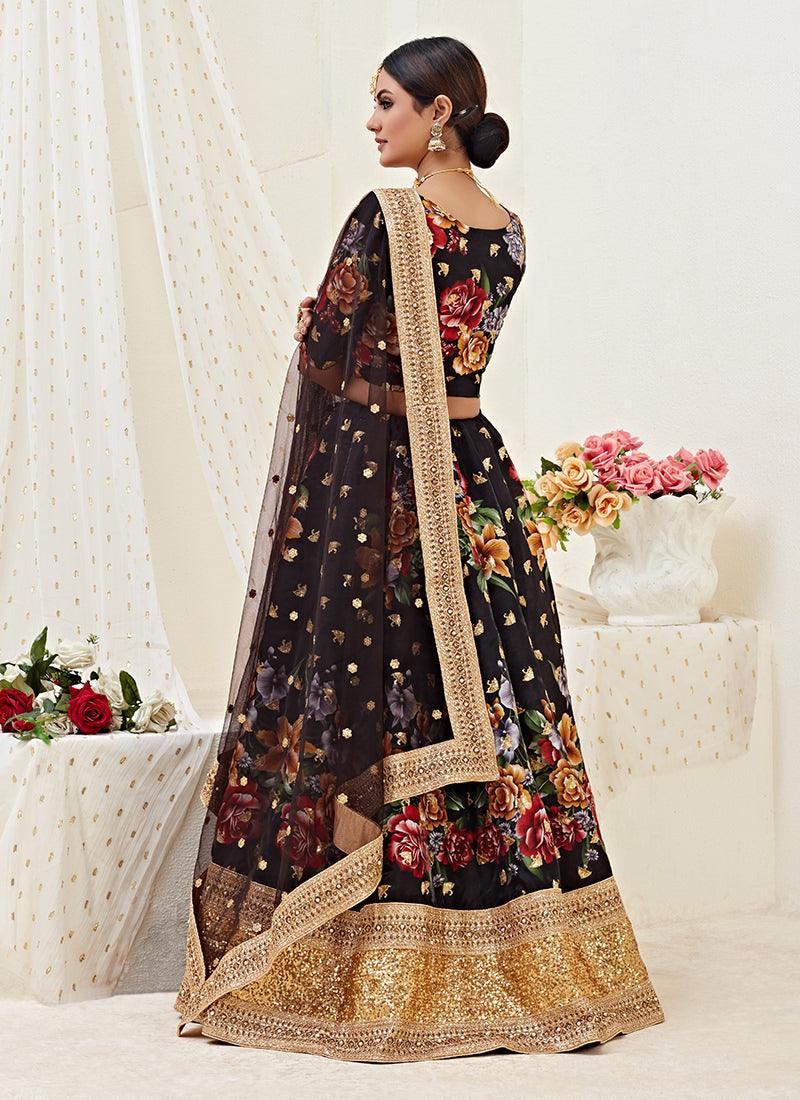 Floral Print Black Satin Lehenga Choli