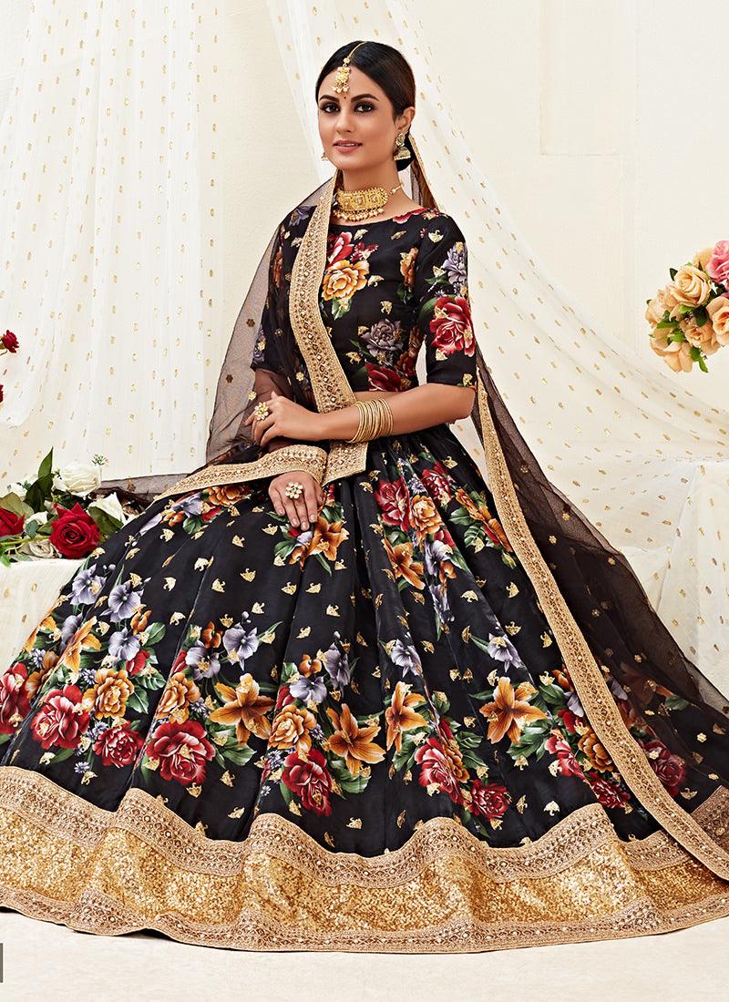 Floral Print Black Satin Lehenga Choli