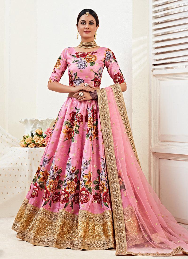 Floral Print Pink Satin Lehenga Choli