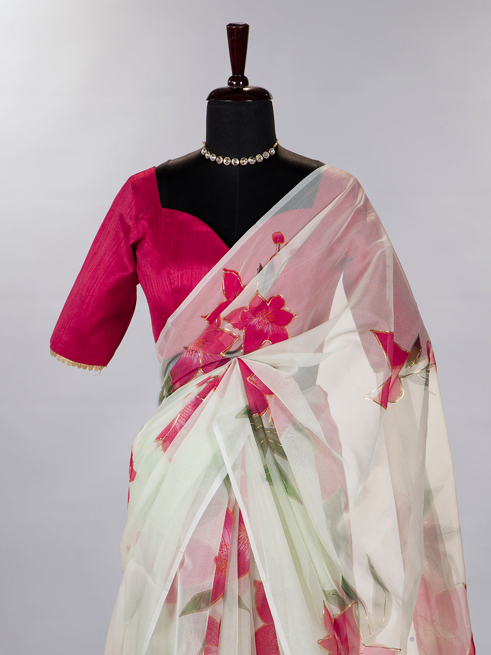 Pista Color Floral & Foil Print Organza Saree