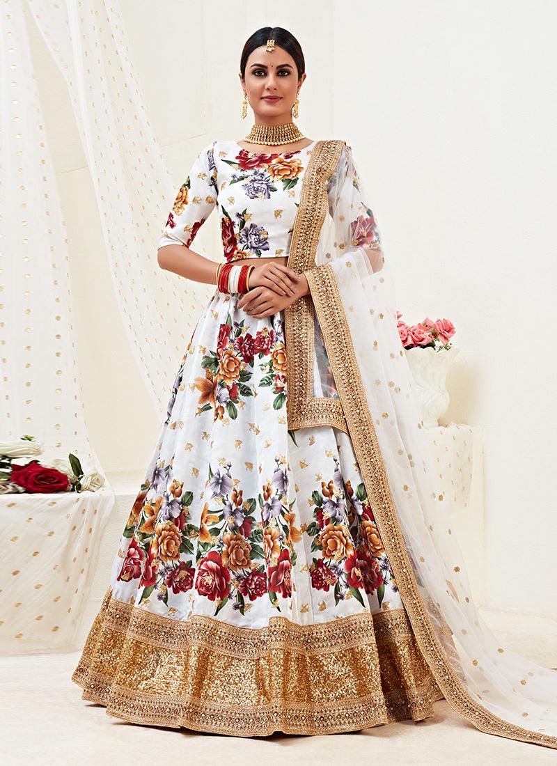 Floral Print White Satin Lehenga Choli