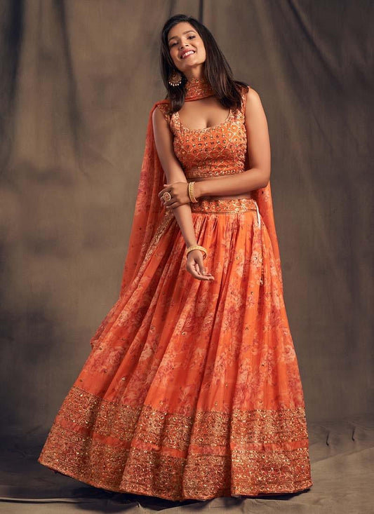 Heavenly Look Orange Color Sequins Work Organza Base Printed Lehenga