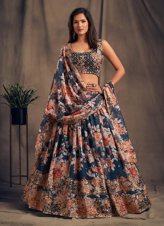 Adorable Navy Blue Color Organza Base Sequins Work Printed Lehenga