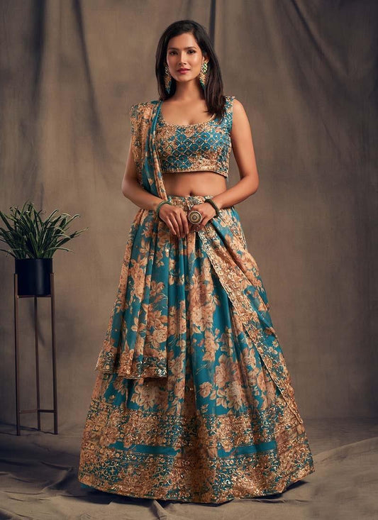 Amazing Teal Blue Color Printed And Sequins Work Organza Base Lehenga