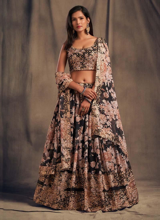 Engaging Look Sequins Work Black Color Organza Base Printed Lehenga