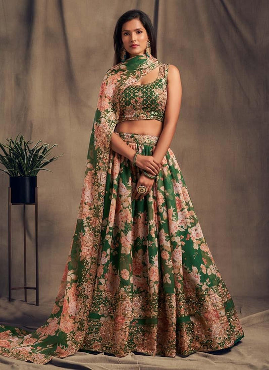 Engrossing Organza Base Sequins Work Green Color Printed Lehenga