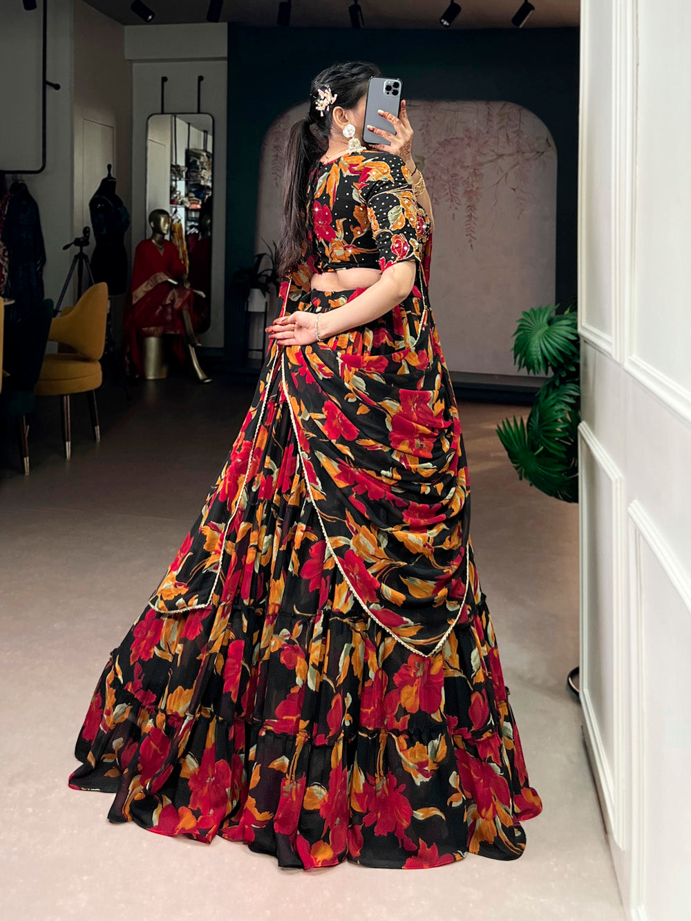 Black floral printed marble lehenga choli with lace dupatta