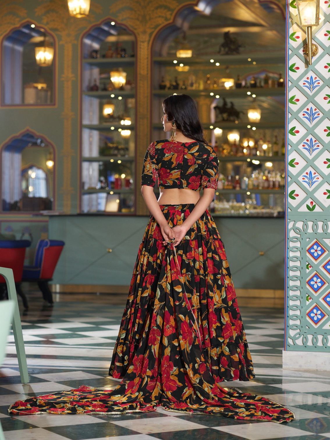 Black color floral printed marbel chaniya choli