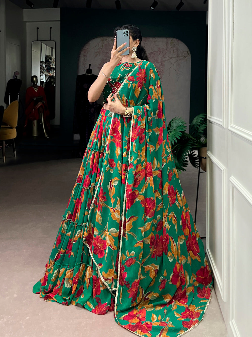 Green floral printed marble lehenga choli with lace dupatta