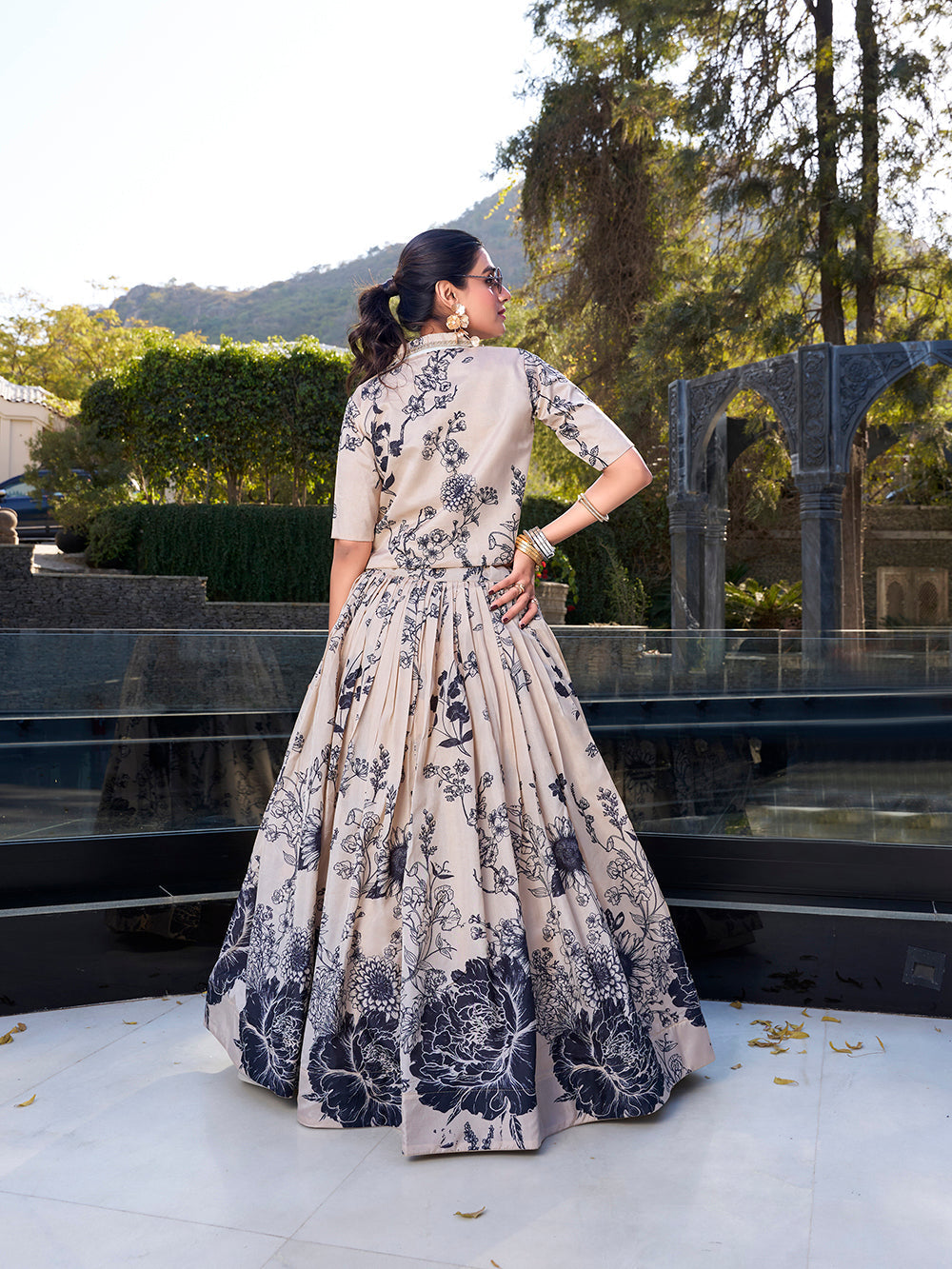 Ivory cream tussar silk crop top lehenga choli with floral print