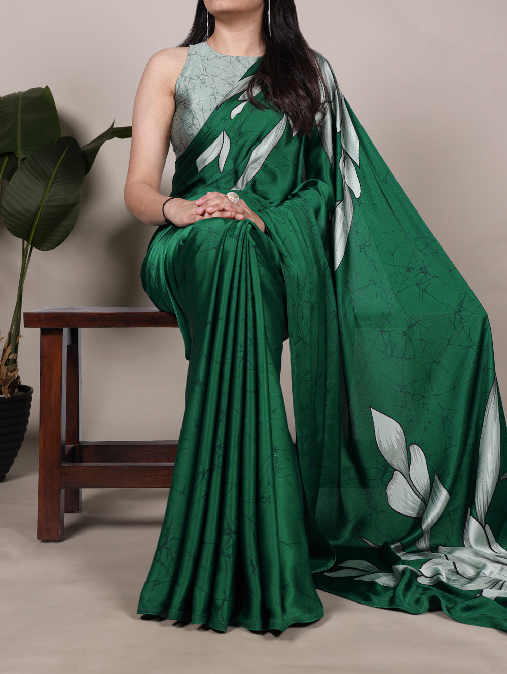 Green satin silk saree with floral print light green blouse