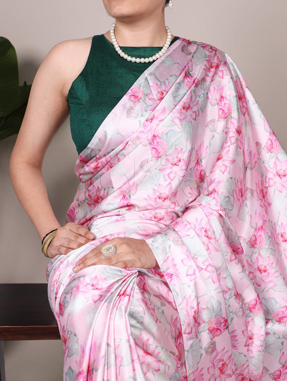 Light pink satin silk floral printed saree with mono benglory green blouse fabric