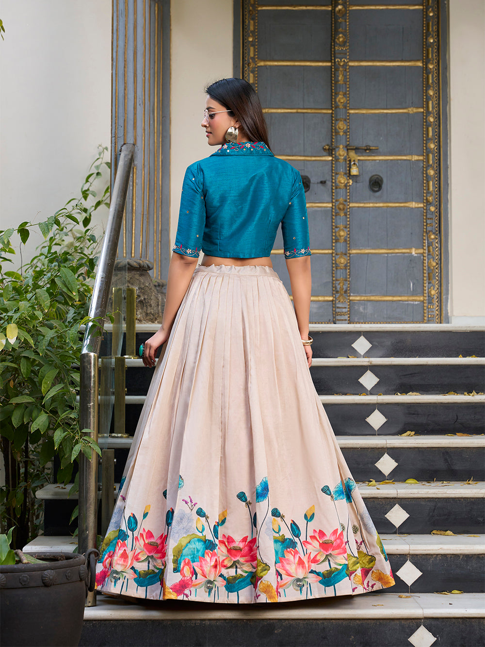Off white tasar silk floral print lehenga choli stitched elegance