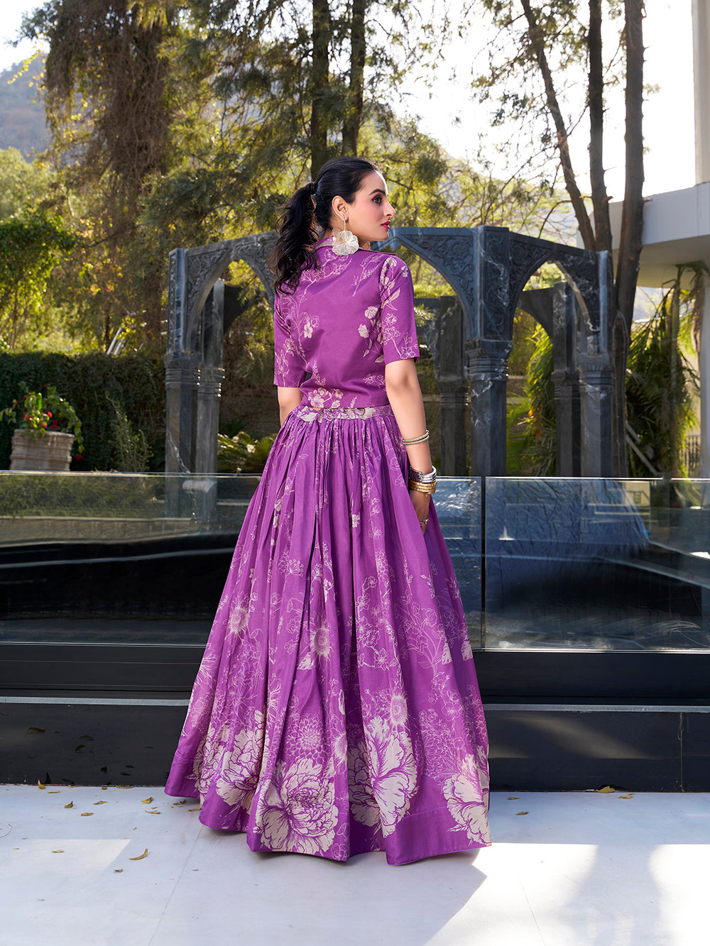 Purple tussar silk crop top lehenga choli with floral print elegance