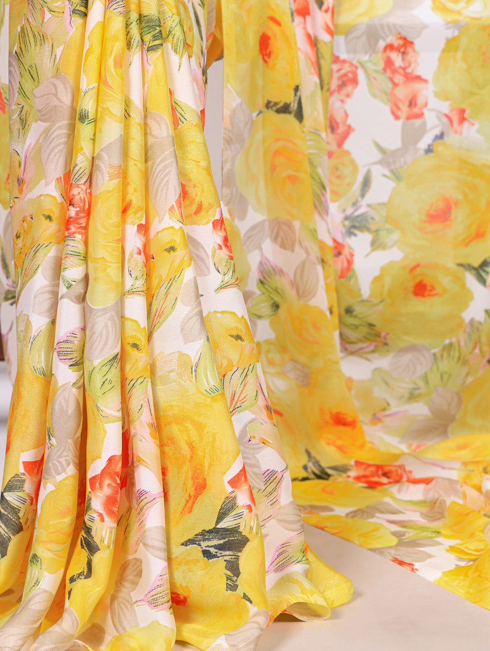 Yellow dull satin floral printed saree with matching blouse