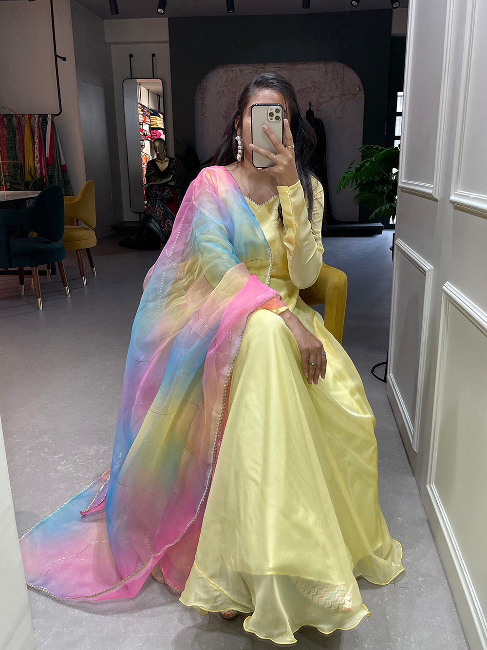 Yellow Color Simple Soft Organza Gown