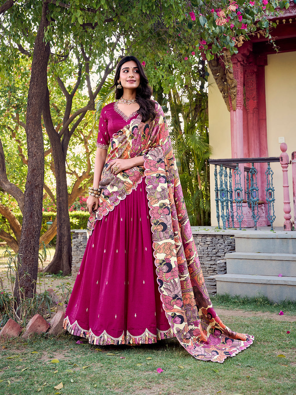 Rose pink vichitra silk lehenga choli with kalamkari scallop border tussar silk dupatta