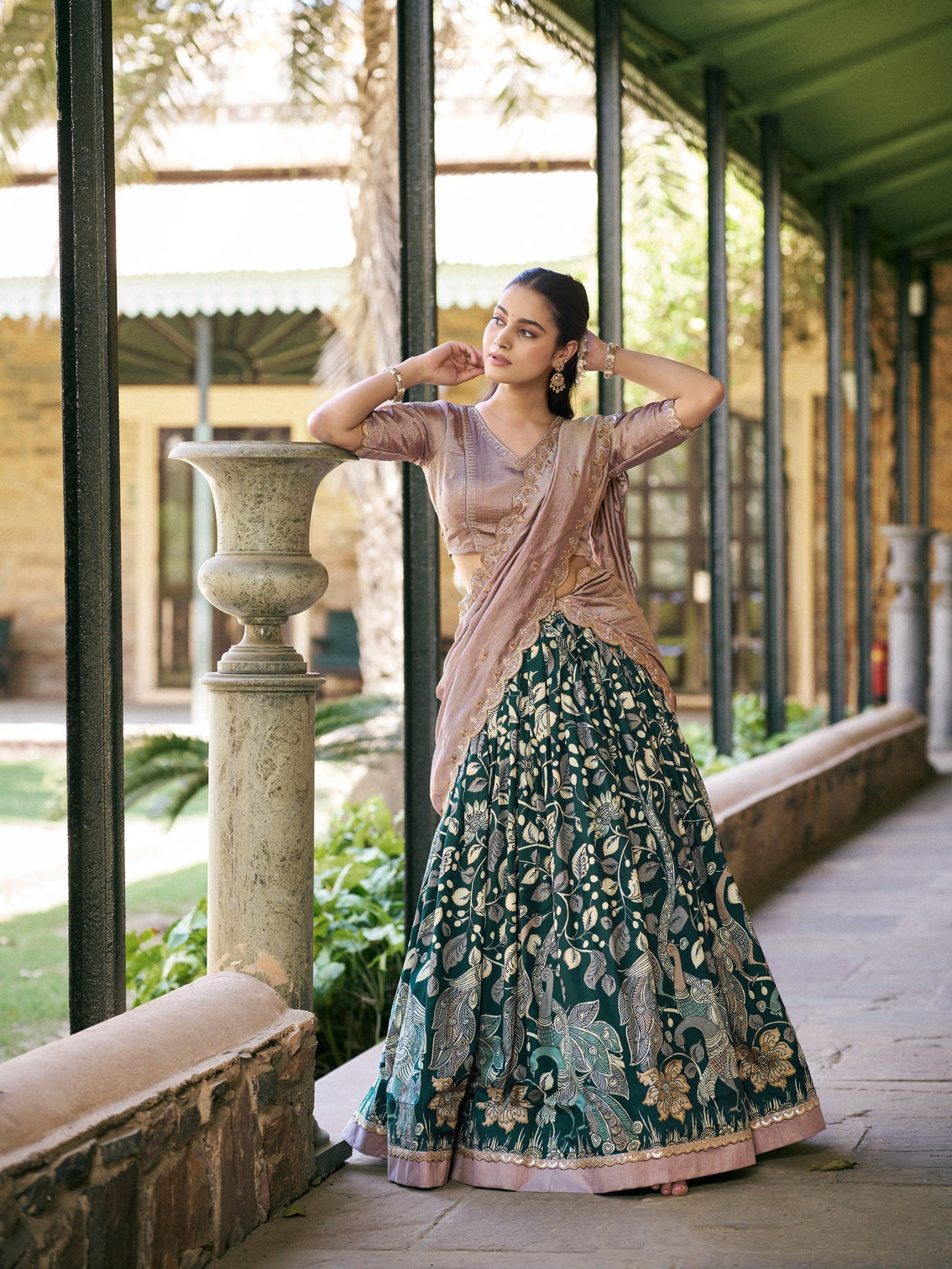Forest green color kalamkari lehenga