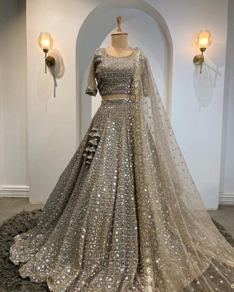 Fox Georgette Grey Lehenga Choli Dupatta Set with Paper Mirror & Jari Work