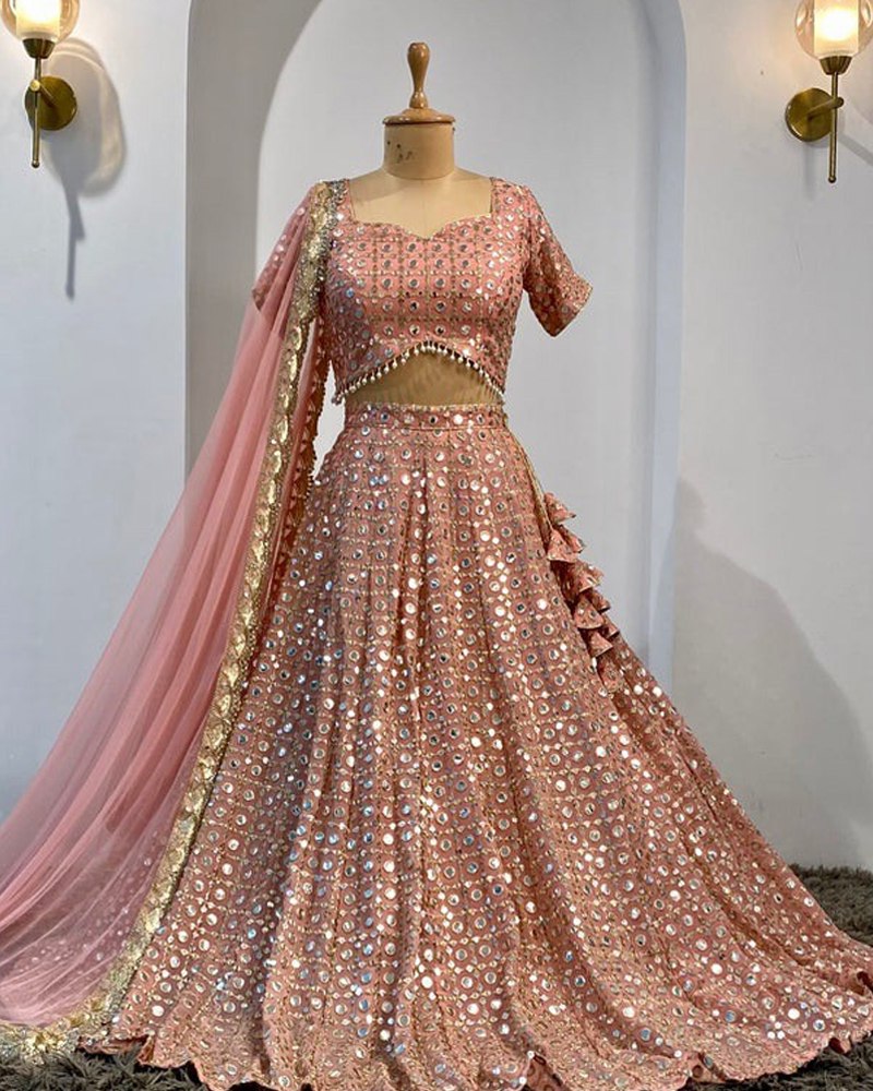 Fox Georgette Peach Lehenga Choli Dupatta Set with Paper Mirror & Jari Work