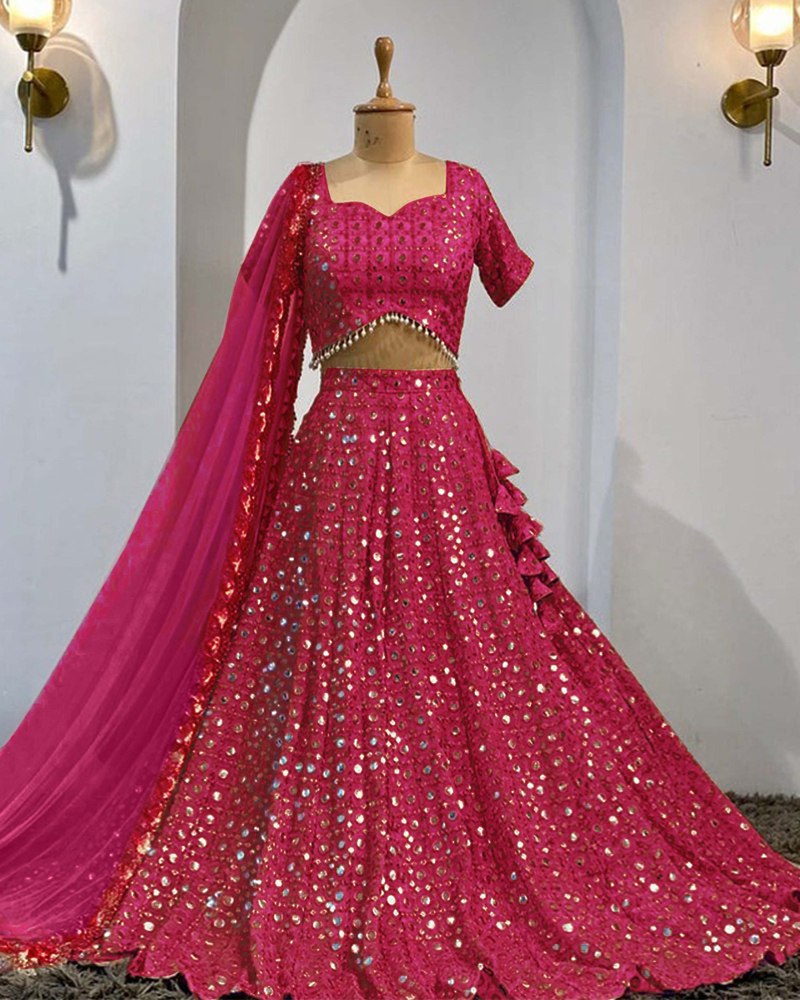 Fox Georgette Magenta Lehenga Choli Dupatta Set with Paper Mirror & Jari Work
