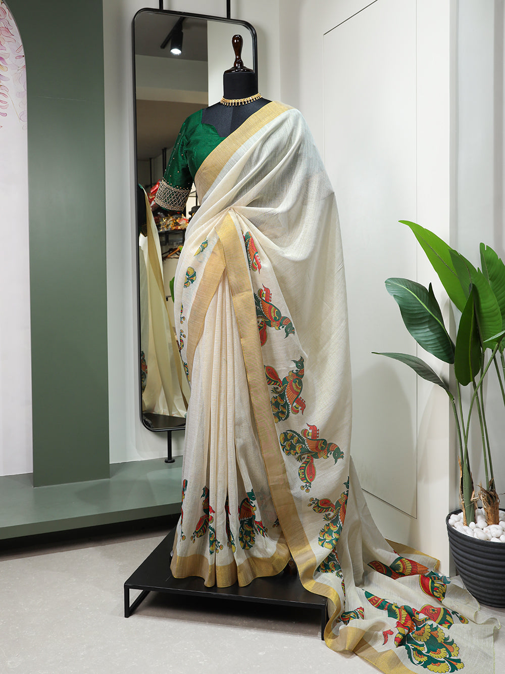 Sitar Design Printed Kasavu Zari Border Saree