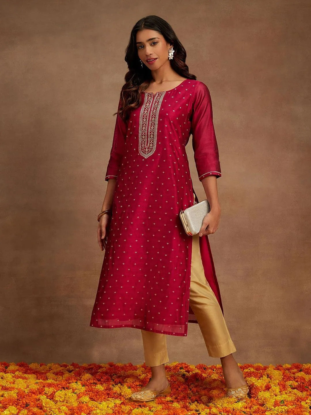 Libas Fuchsia Chanderi Silk Woven Design Kurta