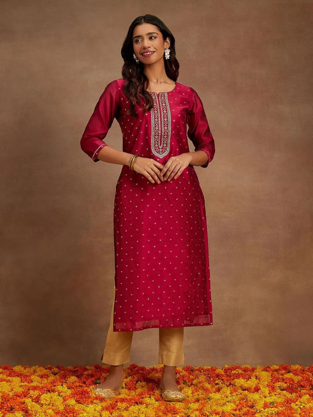 Libas Fuchsia Chanderi Silk Woven Design Kurta