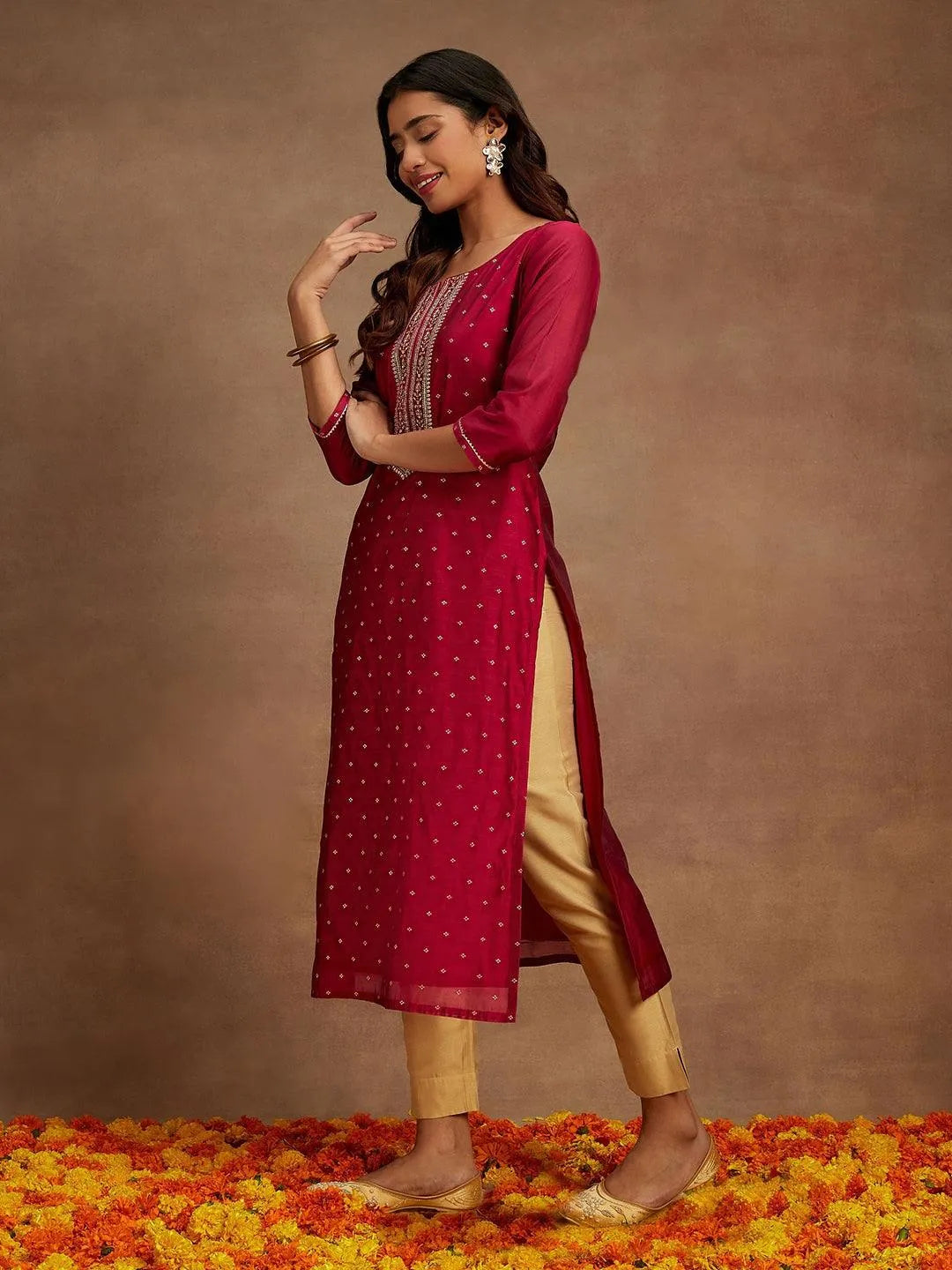 Libas Fuchsia Chanderi Silk Woven Design Kurta