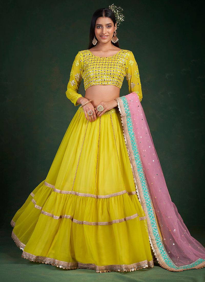 Full Sleeves Lime Yellow Ruffle Lehenga