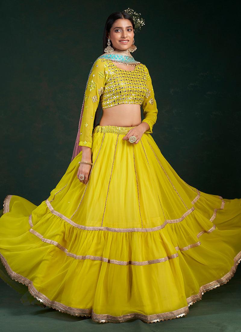 Full Sleeves Lime Yellow Ruffle Lehenga