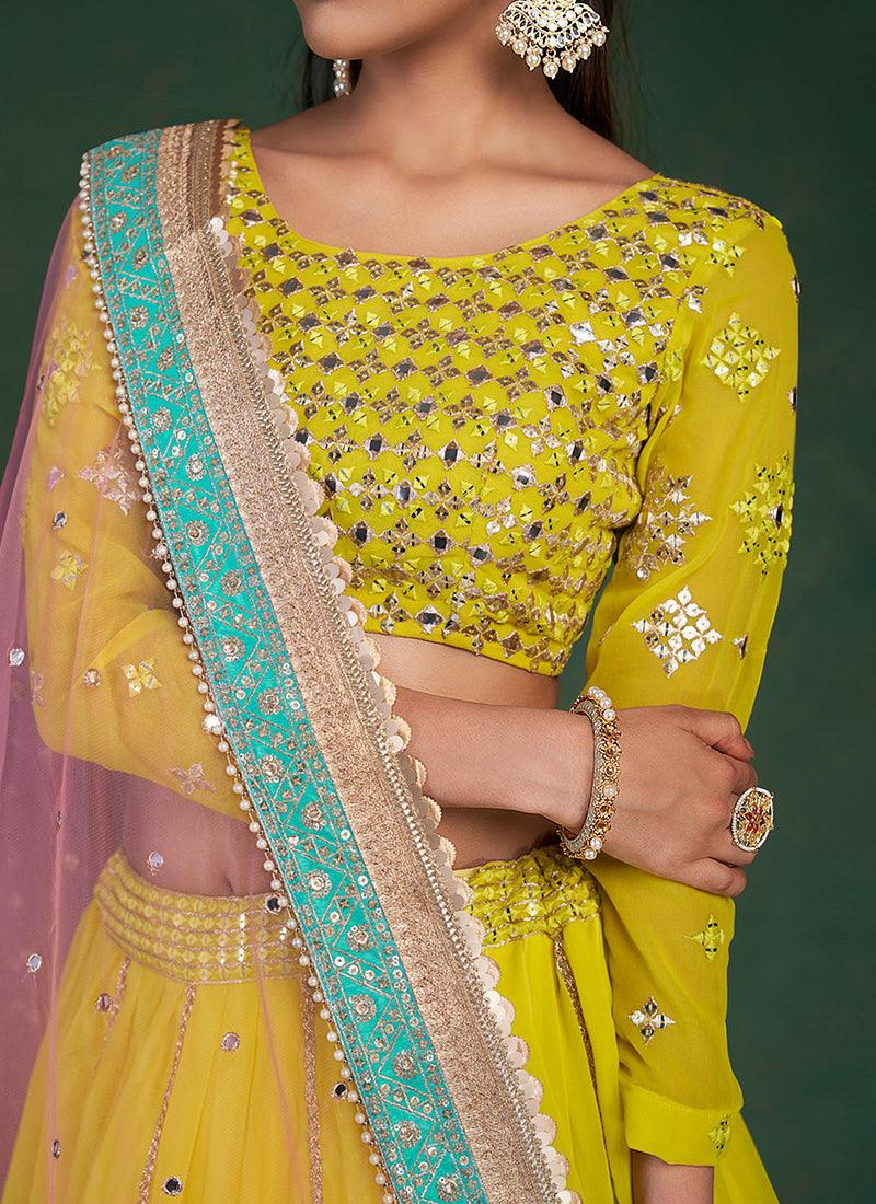 Full Sleeves Lime Yellow Ruffle Lehenga