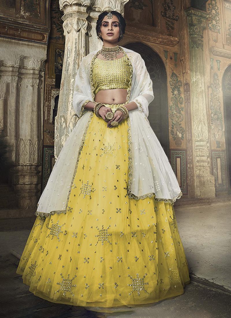 Fully Sequins Work Half Sleeves Blouse Yellow Color Flared Lehenga