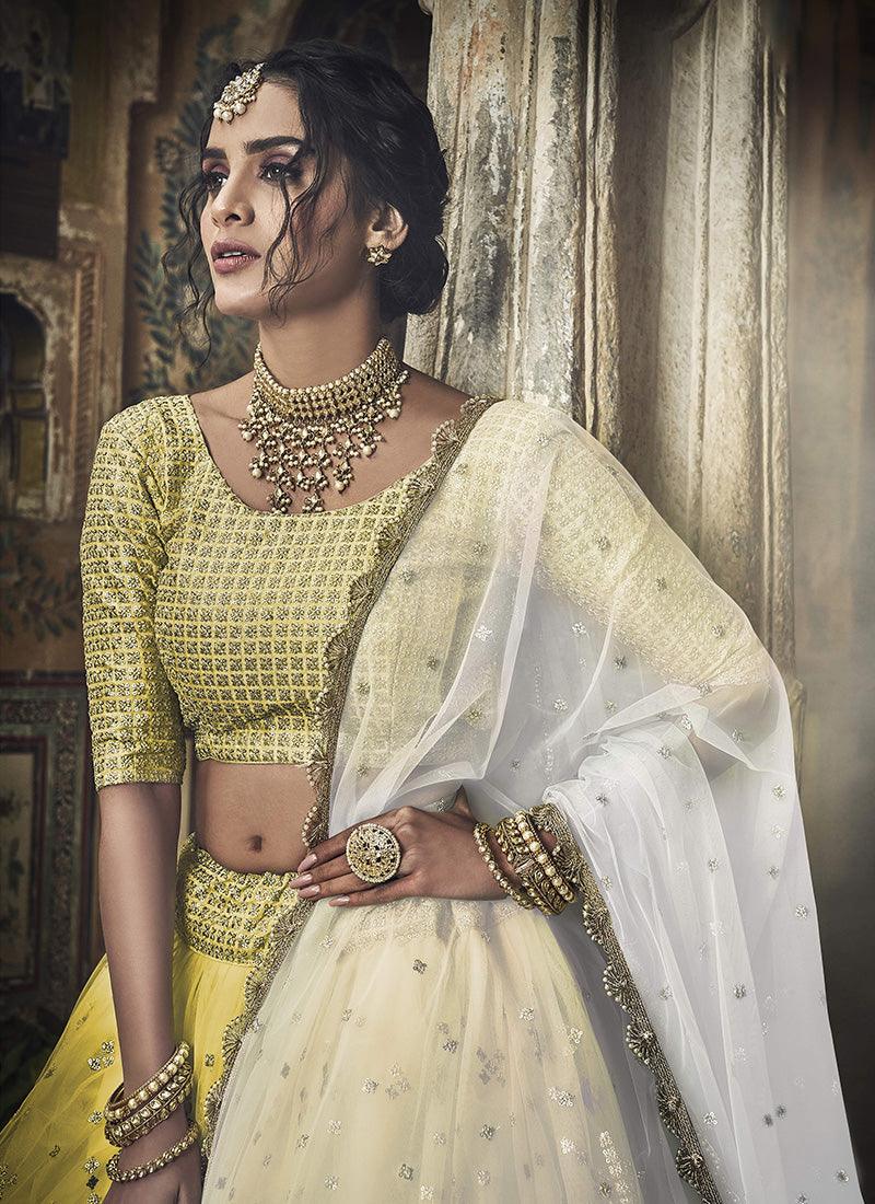 Fully Sequins Work Half Sleeves Blouse Yellow Color Flared Lehenga