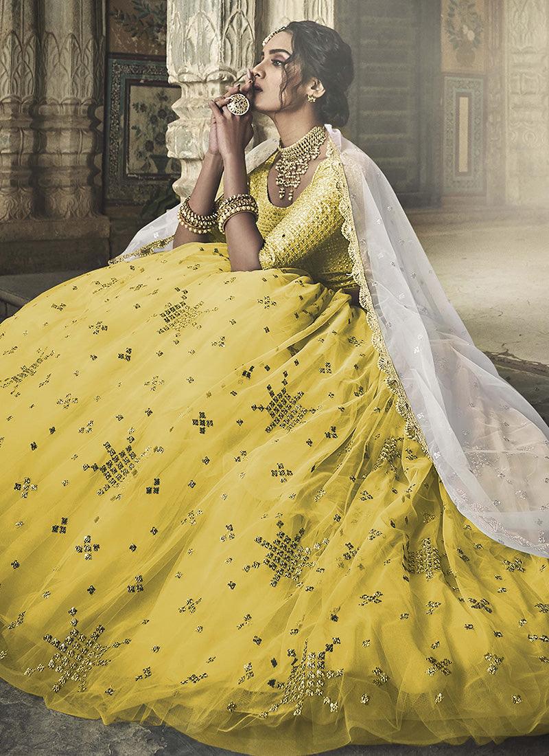 Fully Sequins Work Half Sleeves Blouse Yellow Color Flared Lehenga