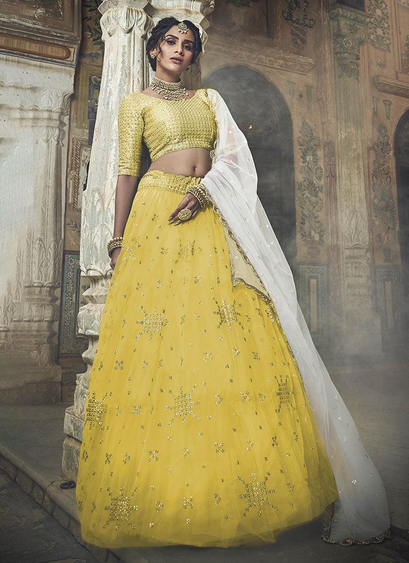 Fully Sequins Work Half Sleeves Blouse Yellow Color Flared Lehenga