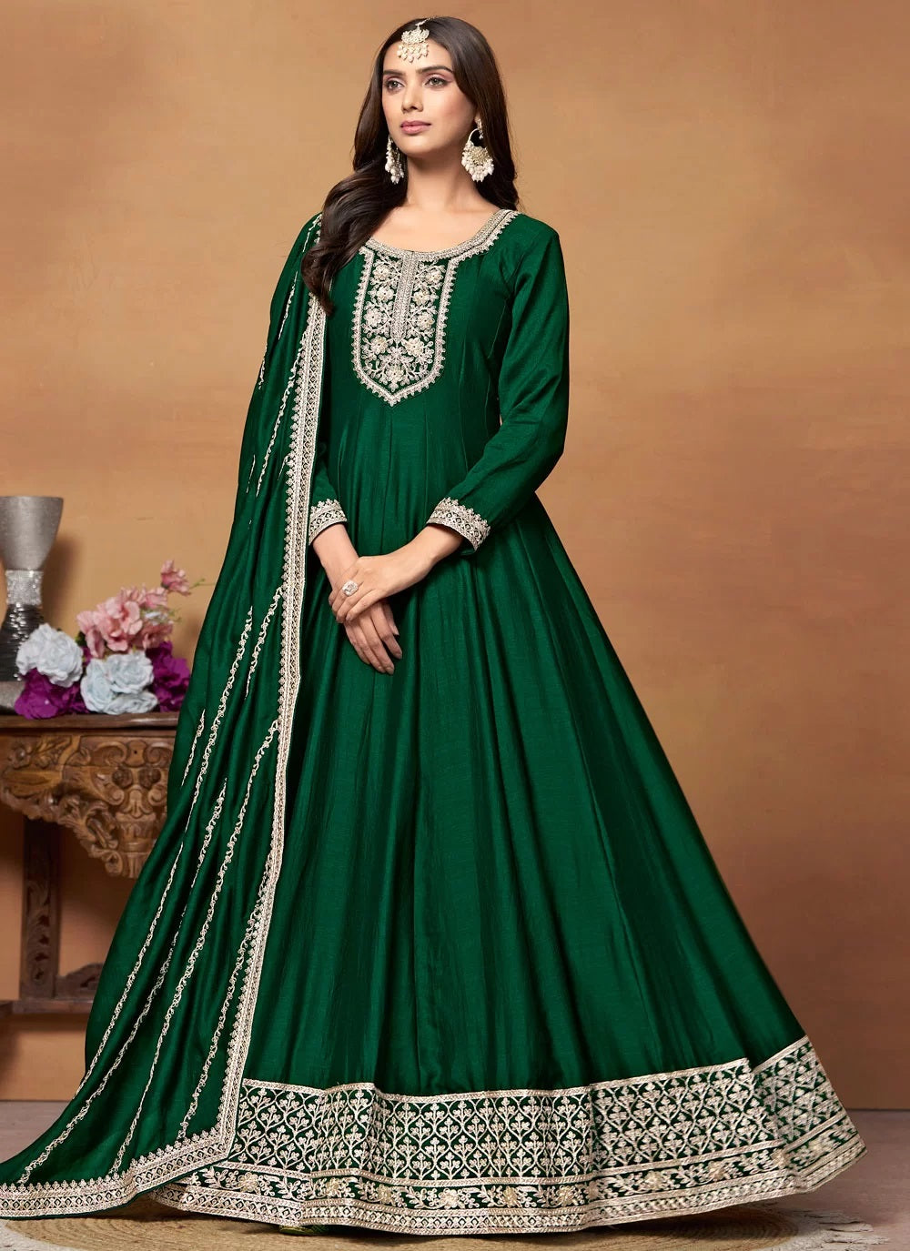 Function wear green embroidered anarkali for women