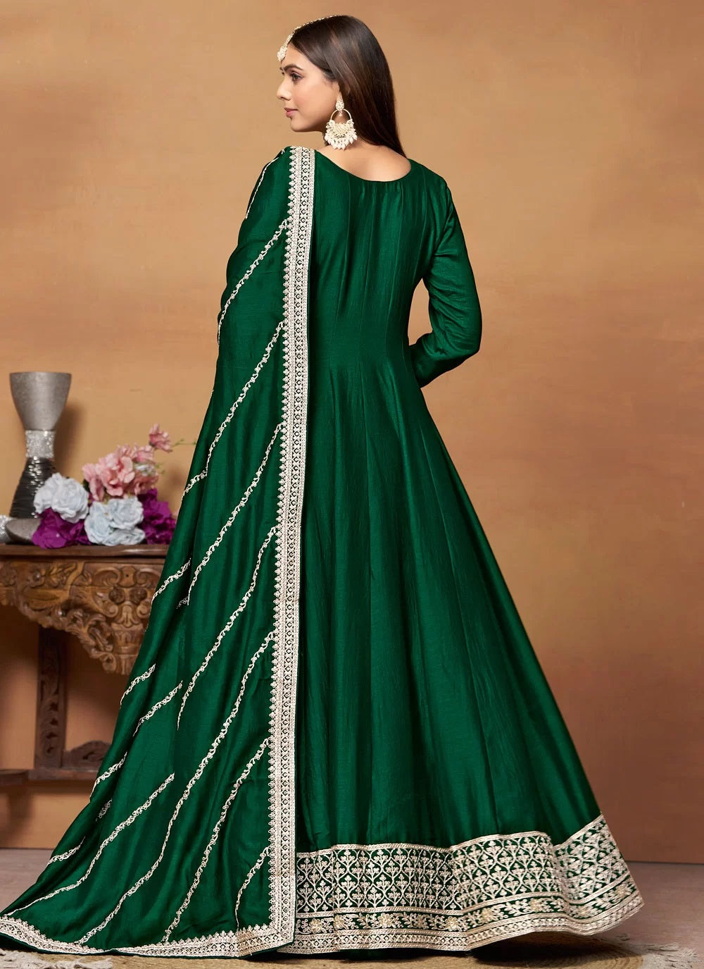 Function wear green embroidered anarkali for women