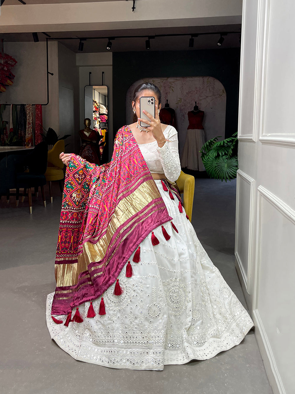 White Color Lucknowi Paper Mirror Work Georgette lehenga Choli