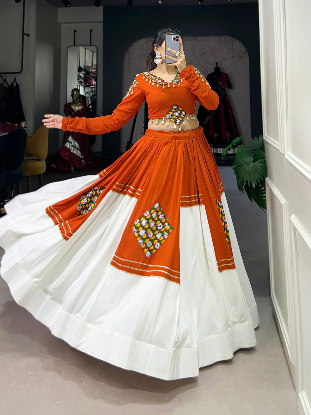 Orange color gamthi work with gotta patti lace design lehenga choli