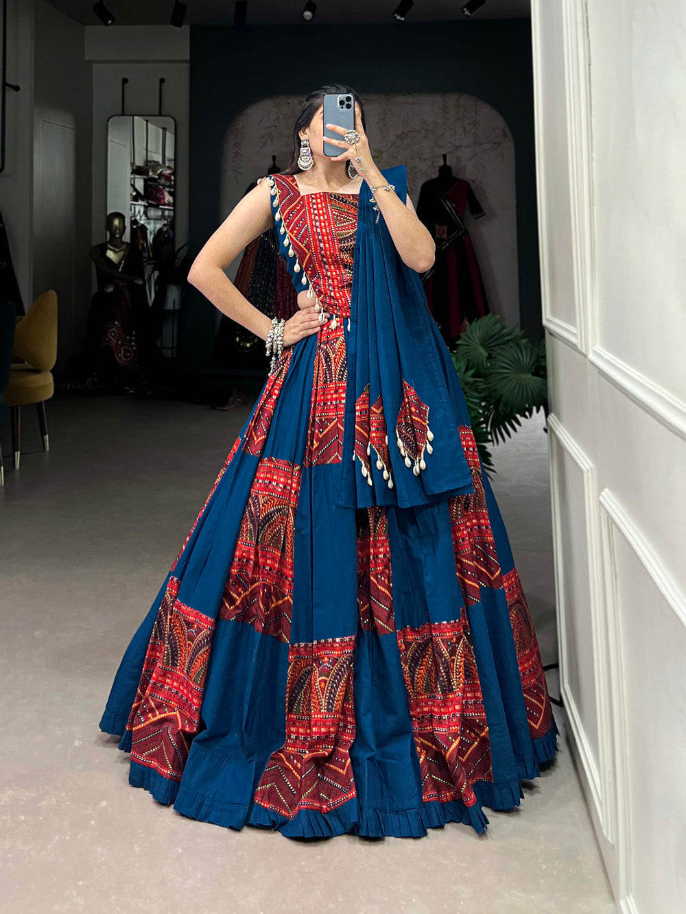 Stylish blue foil print cotton navratri chaniya choli with cowri lace dupatta