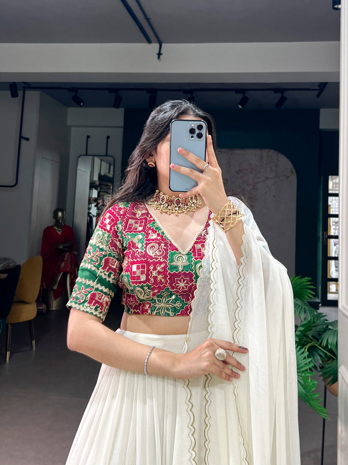 White color embossed design chaniya choli