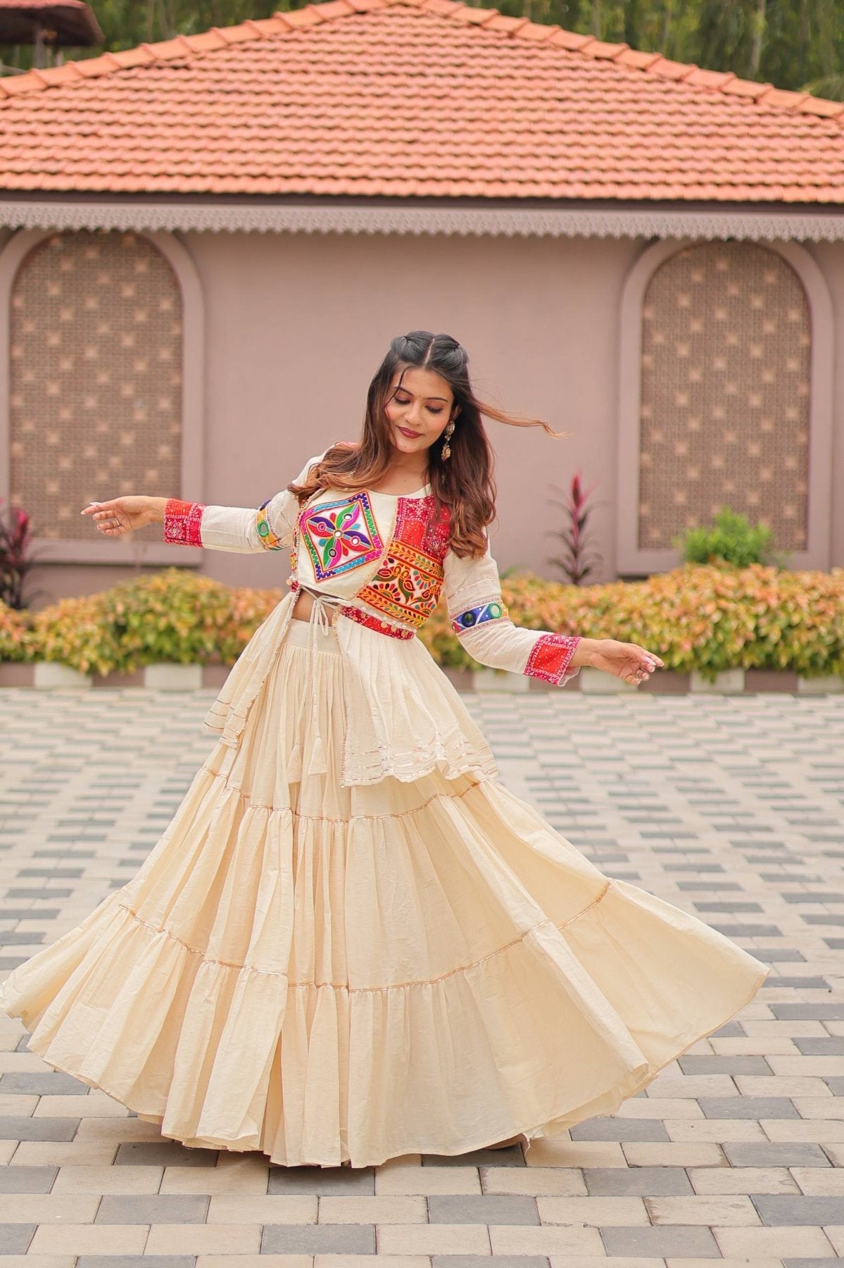 GarbaGlow Cotton Lehenga with Flare and Gamthi Work for Navratri Nights