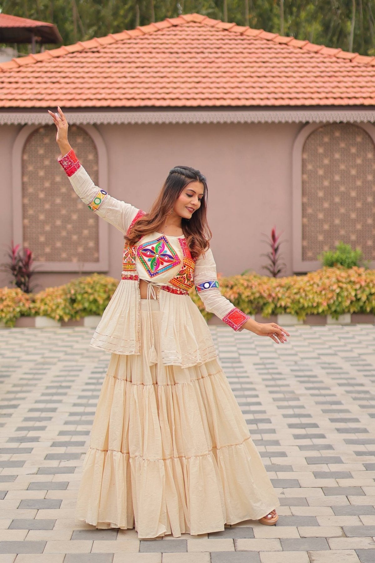GarbaGlow Cotton Lehenga with Flare and Gamthi Work for Navratri Nights